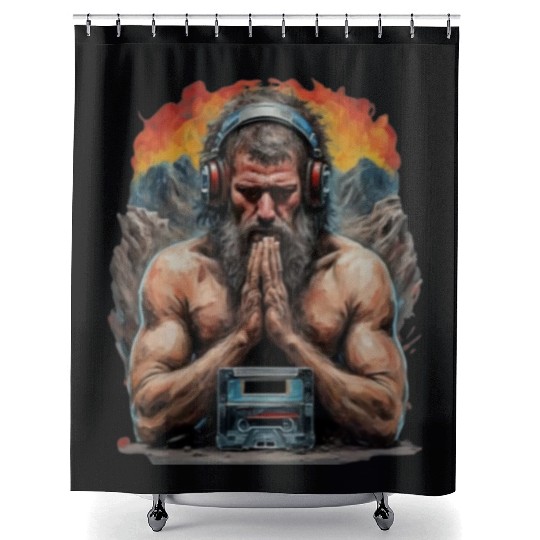 Groovy Stone Age: The Caveman in Beats Ritual Shower Curtains