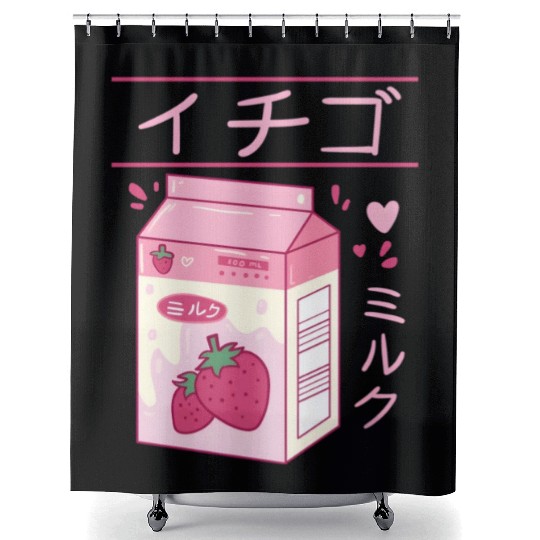 Japanese Strawberry Milk Drink Kawaii Kanji Vaporw Shower Curtains