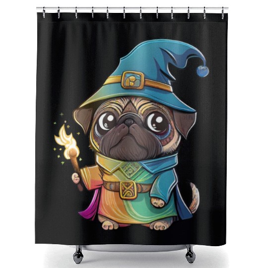 Colorful Kawaii Pug Wizard Shower Curtains