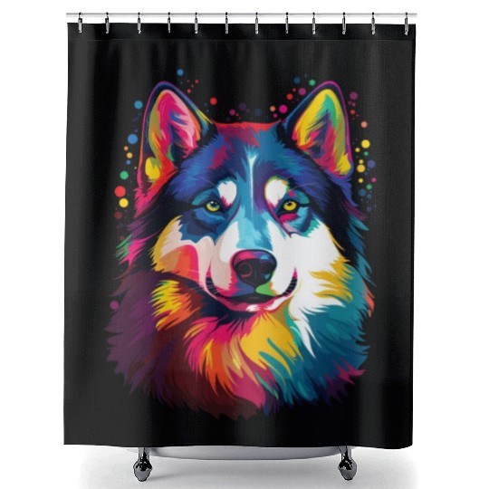 Watercolor Colorful Siberian Husky Shower Curtains