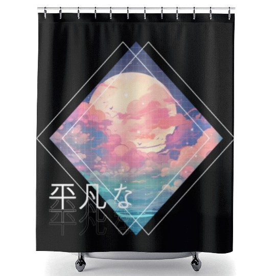 Sky Full Moon Clouds Kawaii Lofi Japanese Anime Ae Shower Curtains