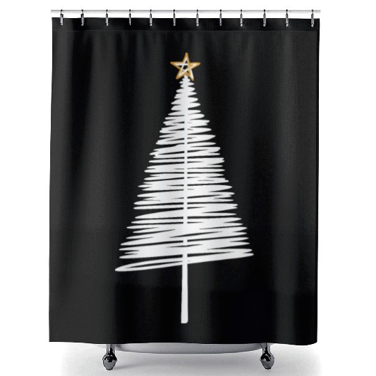 White Christmas Tree Brushstroke with Golden Star Shower Curtains