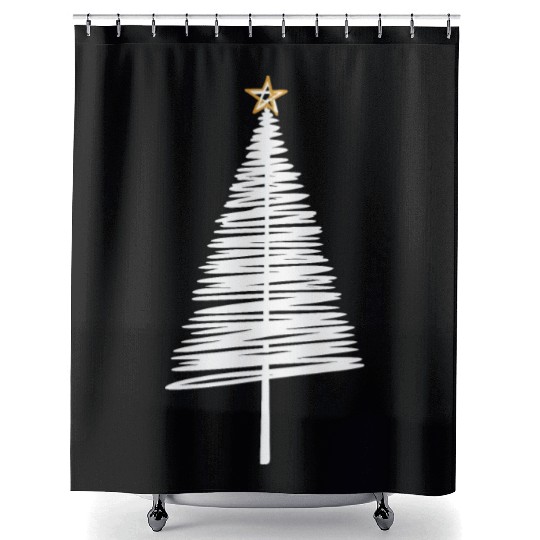 White Christmas Tree Brushstroke with Golden Star Shower Curtains