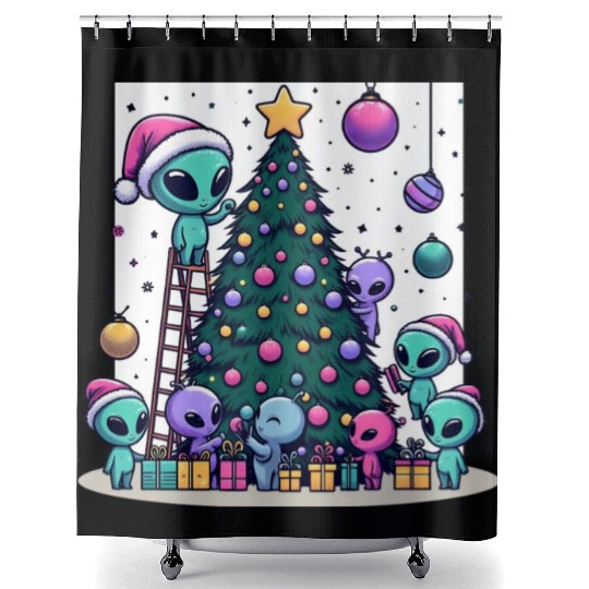 Aliens decorate Christmas tree Shower Curtains