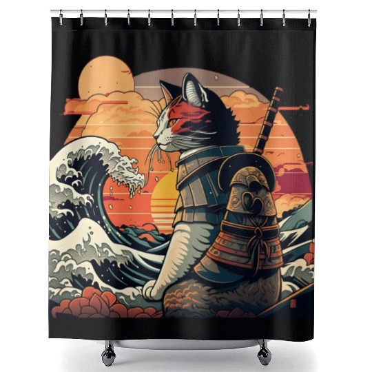 Samurai Cat vs The Great Wave Shower Curtains