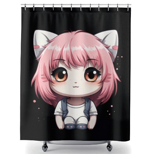 kawaii cat face with cat head Shower Curtains