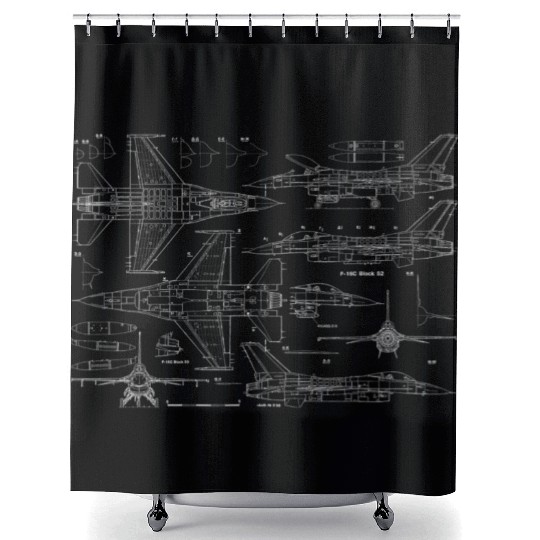 F16 Fighter Jet Blueprint Jet Aircraft Shower Curtains