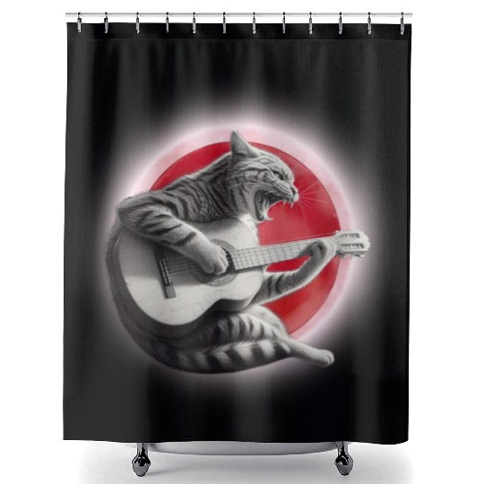 Rock Cat Playing Guitar Shower Curtains under the red moon