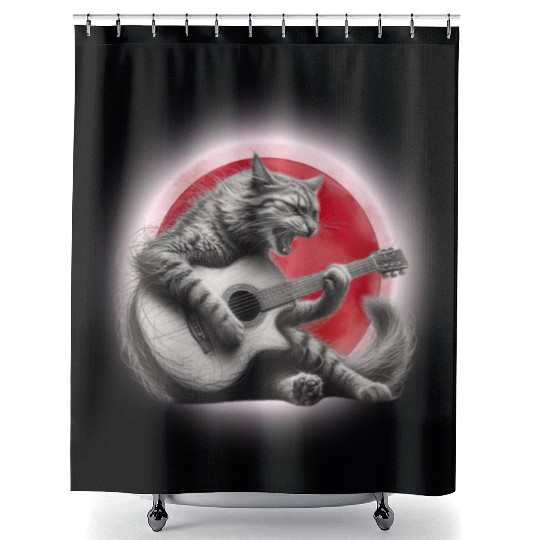 Rock Cat Playing Guitar Shower Curtains under the red moon
