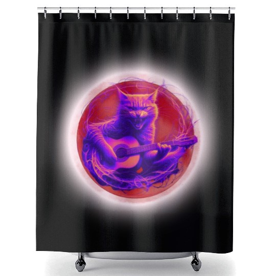 Rock Cat Playing Guitar Shower Curtains under the red moon