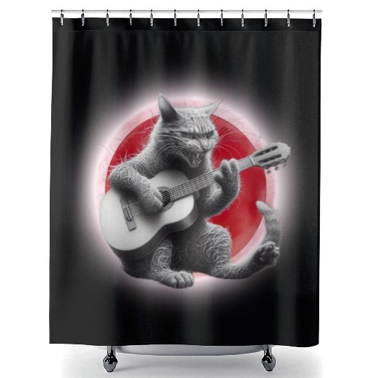 Rock Cat Playing Guitar Shower Curtains under the red moon