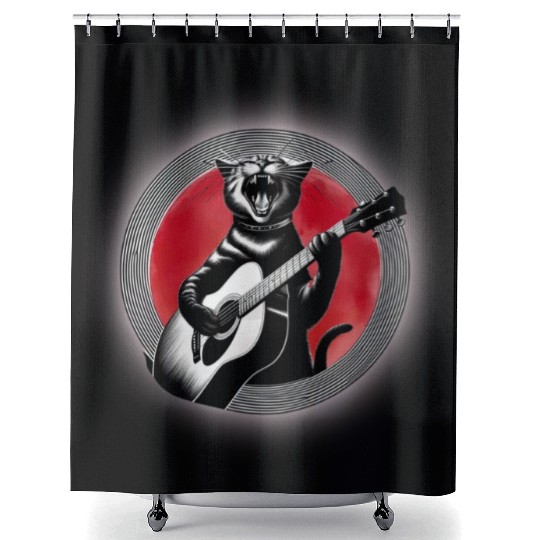 Rock Cat Playing Guitar Shower Curtains under the red moon