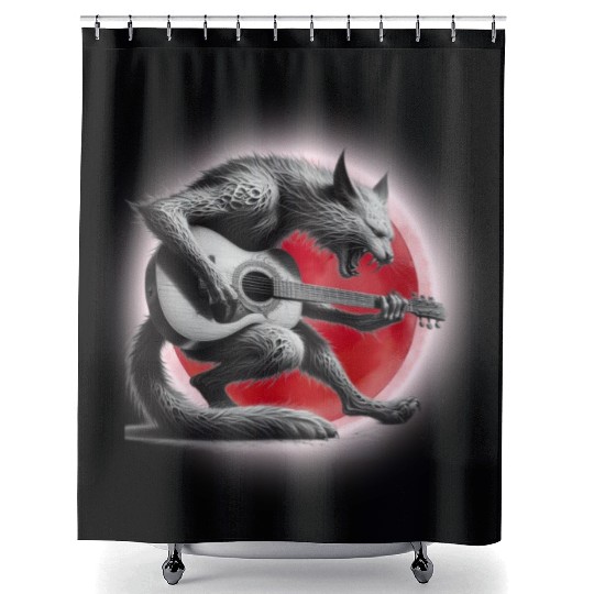 Rock Cat Playing Guitar Shower Curtains under the red moon