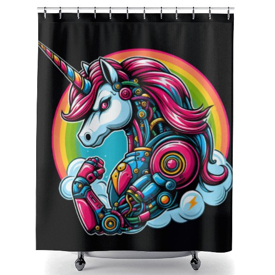 Unicorn Robot Cyborg Rainbow Science Fiction Shower Curtains