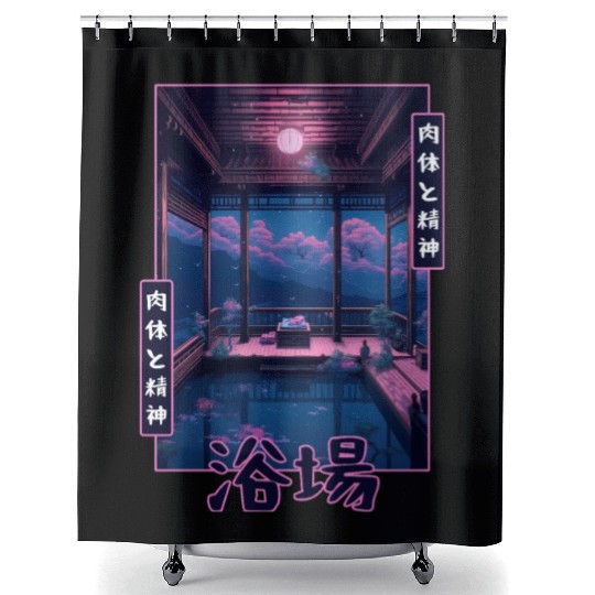 Japanese Vaporwave Bathhouse Sauna Retro Nostalgia Shower Curtains