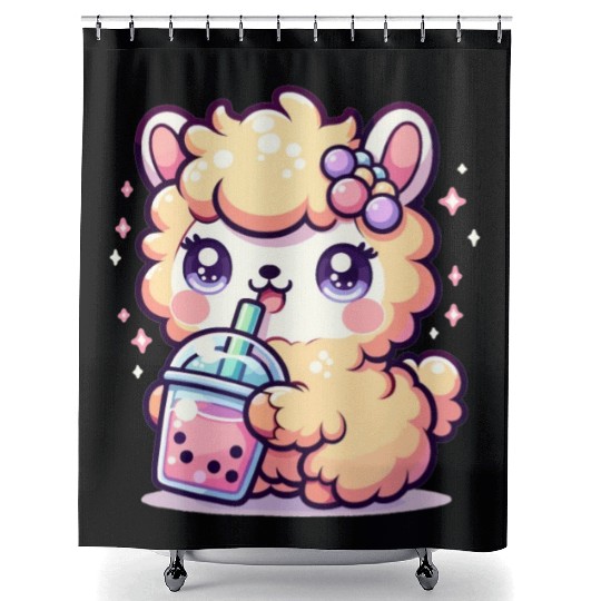 Kawaii Llama Sips Bubble Tea Cute Llama Boba Tea Shower Curtains