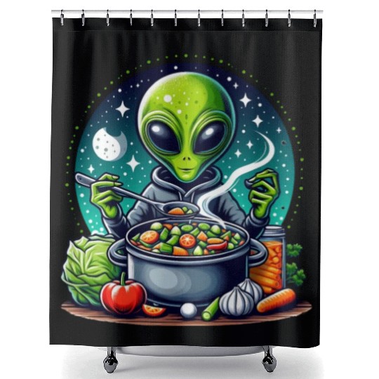 Alien chef cooks vegetable soup Shower Curtains