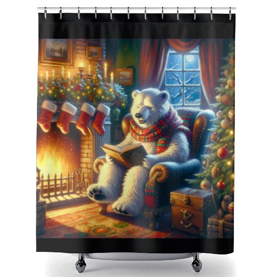 Winter Tales-Merry Cozy Bear Reading by Fireplace Shower Curtains