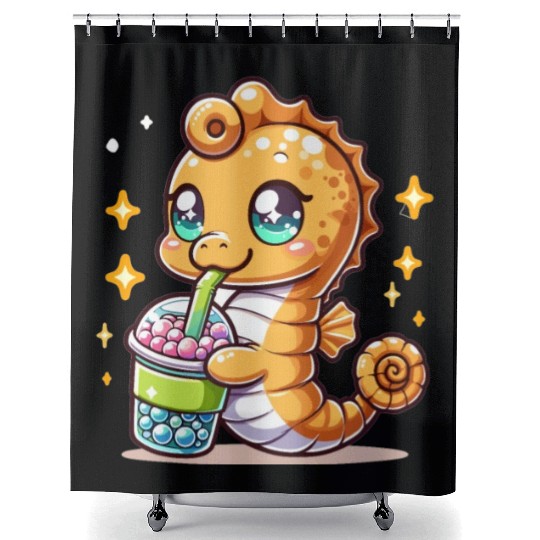 Kawaii Sea Horse Enjoys Bubble Tea Sea Animal Boba Shower Curtains