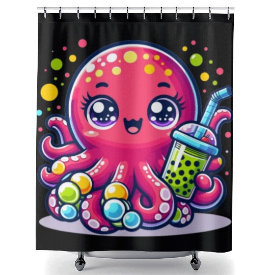Kawaii Octopus With Bubble Tea Sea Ocean Boba Tea Shower Curtains