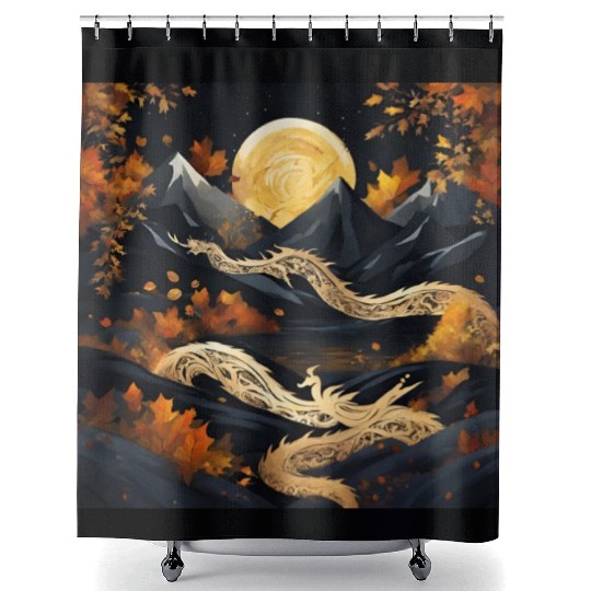 Golden dragon king on stary night Shower Curtains