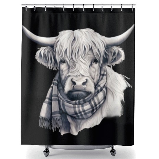 Adorable Highland Cow Wearing a Scarf Shower Curtains