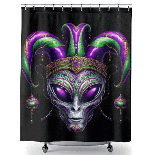 Mardi Gras alien with a fool's hat Shower Curtains