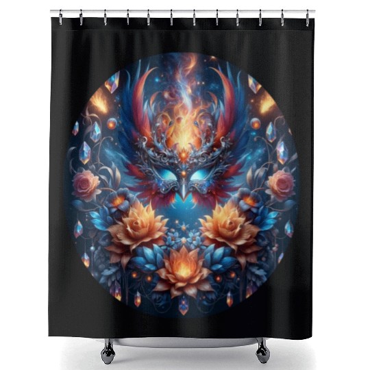 Phoenix Rebirth in Cosmic Bloom Shower Curtains