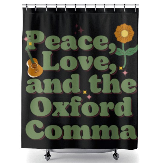 Funny Oxford Comma Peace Love and the Oxford Comma Shower Curtains
