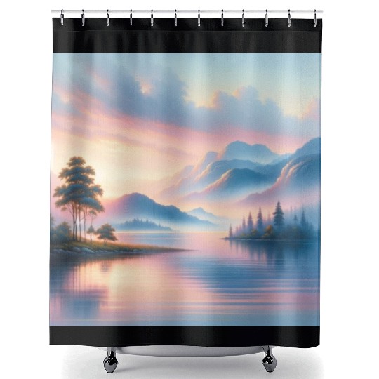 Sunrise Serenity Lakeside Tranquility in Pastel Shower Curtains