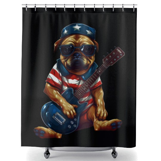 Rocking Pug Guitarist with US Flag – Animal Music Shower Curtains