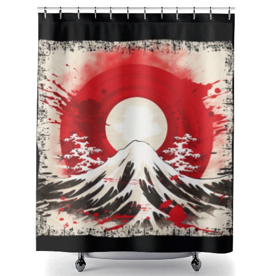 Kyoto Mountains: Flag, Volcano, and Blood Moon Shower Curtains