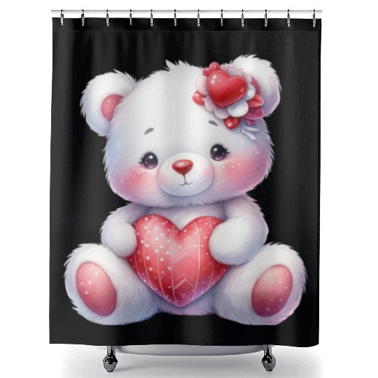 White Teddy Bear Love Valentine's Day Red Heart Shower Curtains