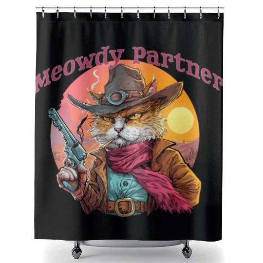 Purrfect Outlaw Showdown - Meowdy Partner Shower Curtains