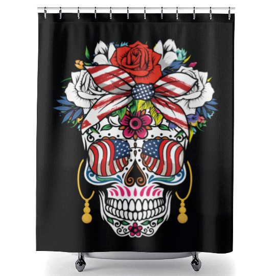 July 4Th Us Flag Dia De Los Muertos 4Th Of July In Shower Curtains