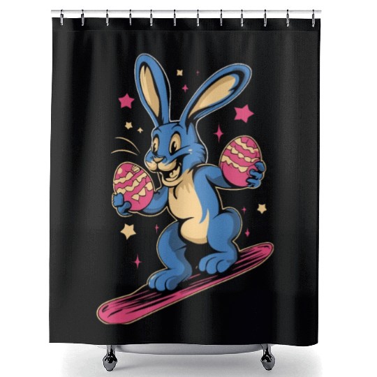 Easter Bunny on a snowboard with Easter eggs Shower Curtains