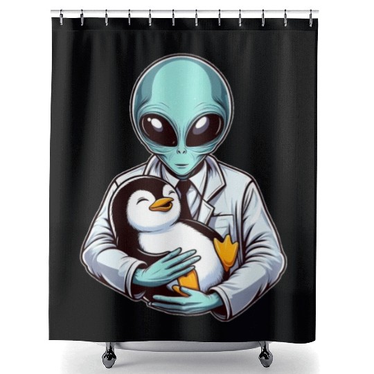 Alien Embracing Penguin Shower Curtains