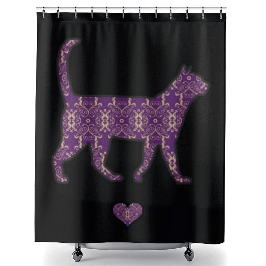 Purple Cat Damask Style Love Heart Cute Silhouette Shower Curtains