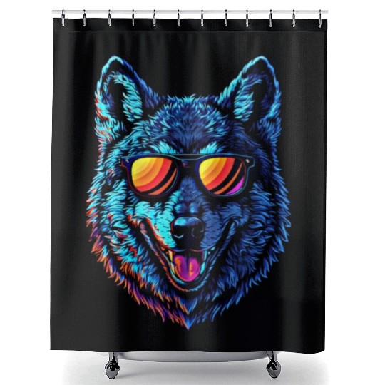 Cool Wolf Face Blue Wolf Wearing Sunglasses Shower Curtains