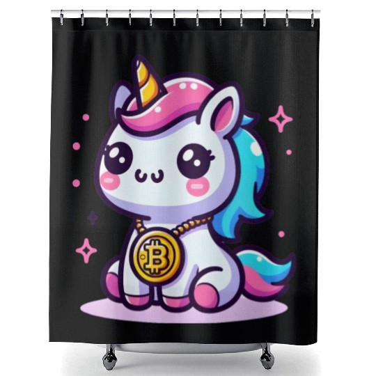 Crypto Cutie: Magical Unicorn with Bitcoin Shower Curtains