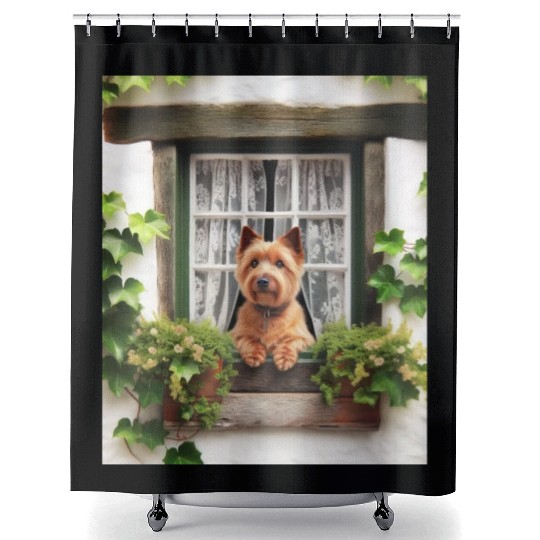 Norwich Terrier Cottagecore Dog Cottage Window Shower Curtains