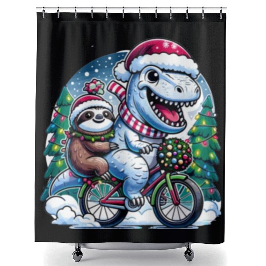 Winter Wonderland T-Rex and Sloth Cycling Duo Shower Curtains