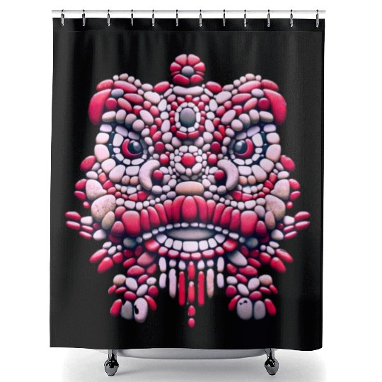 Chinese New Year - Pink Peony Lion Dance Mask Shower Curtains