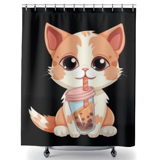 Cat Boba Tea Bubble Tea Anime Kawaii Neko Shower Curtains