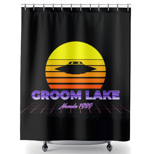 Area 51 Groom Lake 1947 Retro UFO Sunset Yellow Shower Curtains
