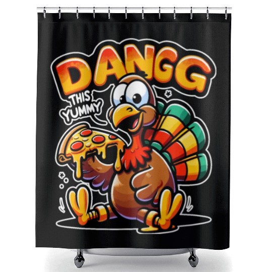 Dangg This Yummy, Cartoon Turkey Pizza Shower Curtains