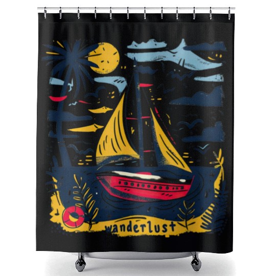 Wanderlust Sailing Boat in The Sea Colorful Print Shower Curtains