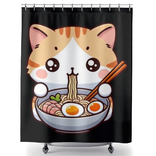 Cute Cat Eating Ramen Shower Curtains