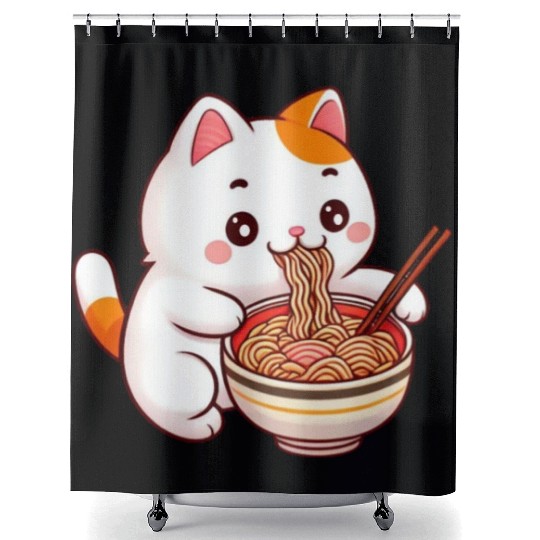 Cute Cat Eating Ramen Shower Curtains