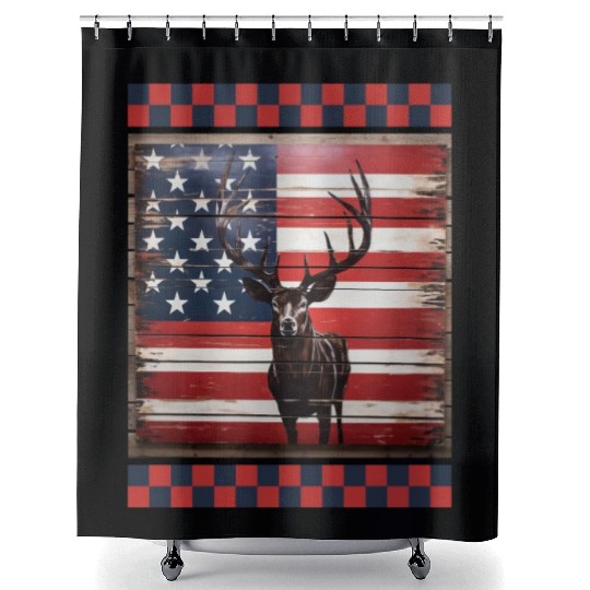American Flag Deer Tracks Woodland Camo Hunting Shower Curtains